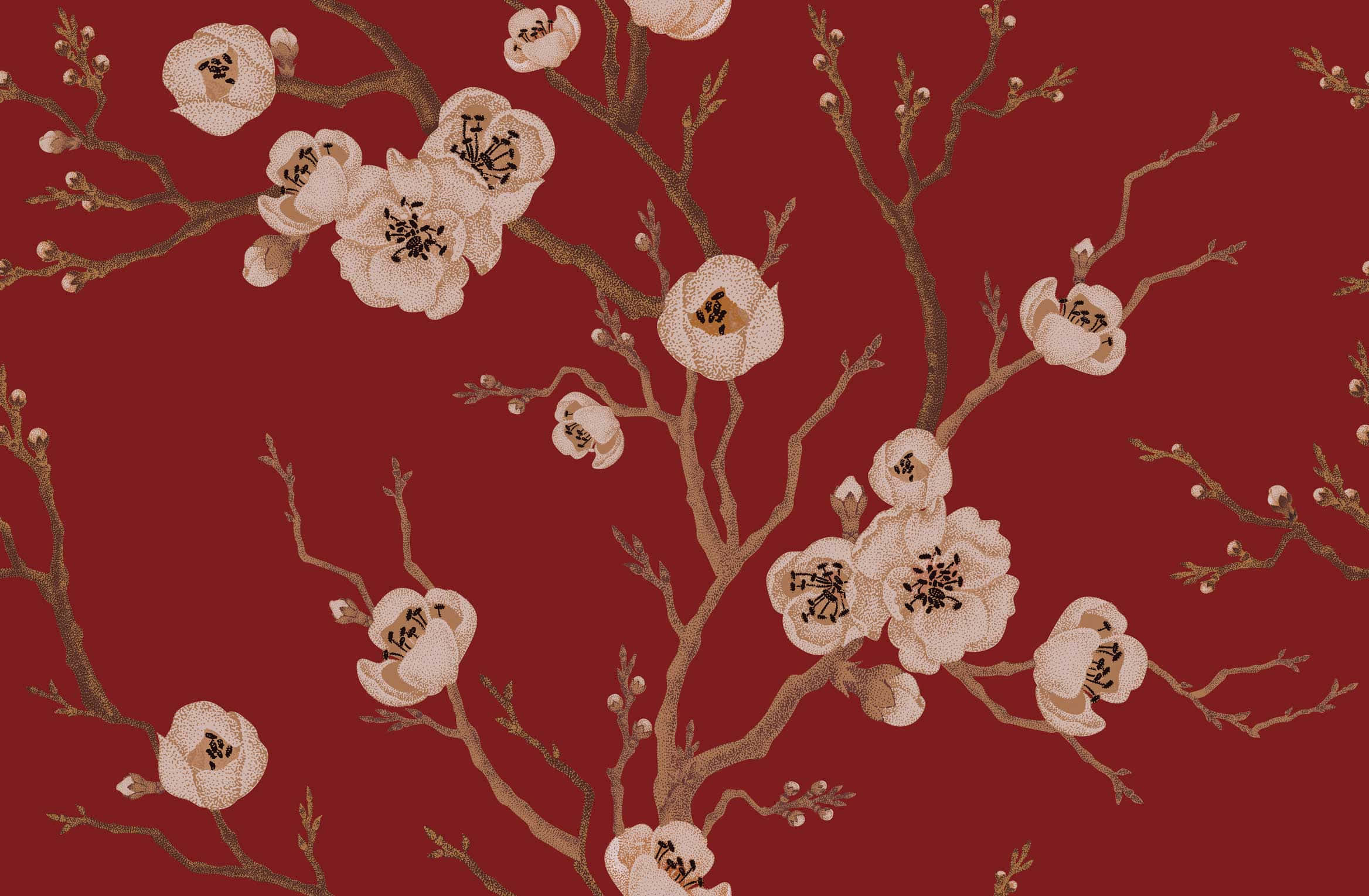 Floral Art 桌布 壁紙 — 精緻的奶油色花朵和花蕾在纖細的枝條上綻放，襯托著濃郁的深紅色背景，形成優雅的重复圖案。