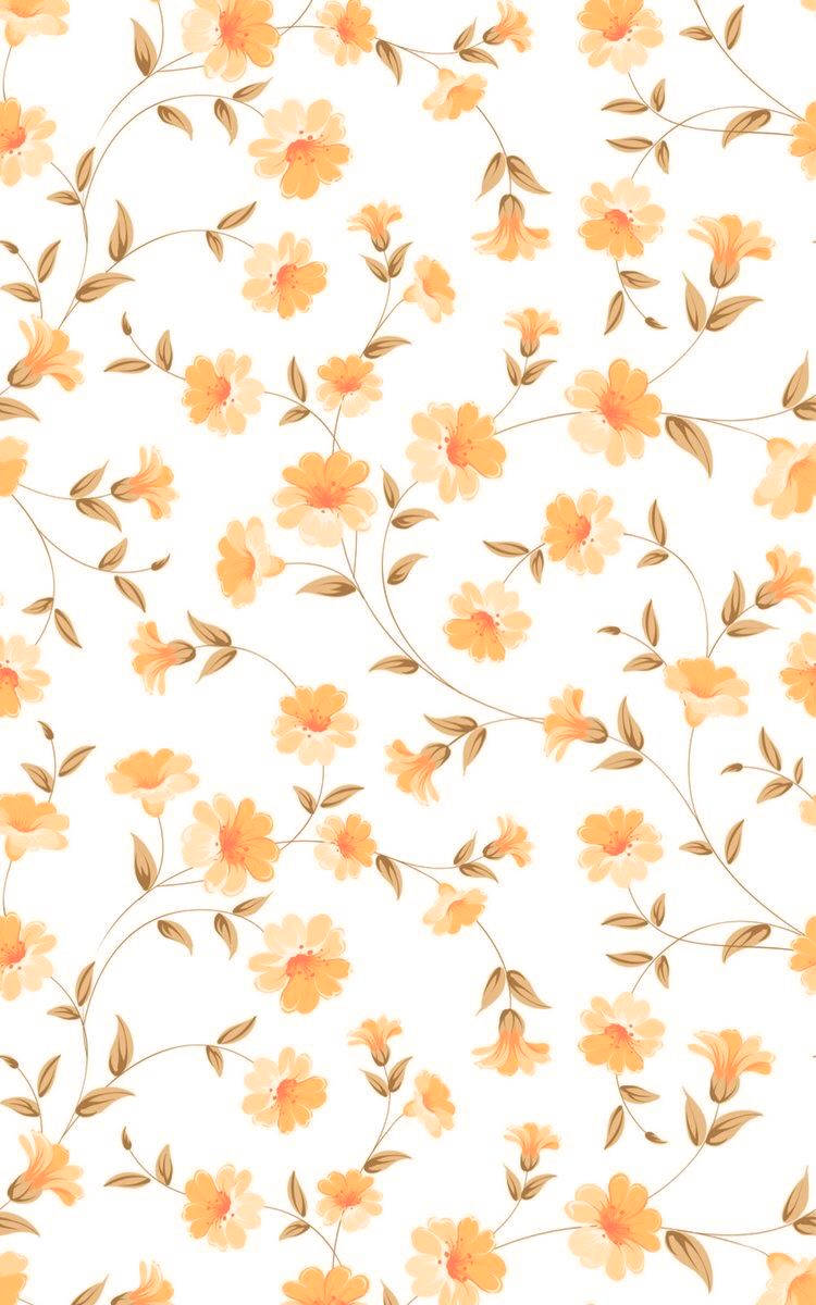 Orange Floral 桌布 壁紙 — 精緻的橙色花朵和棕色葉子在潔淨的白色背景上優雅地纏繞，形成重複圖案。