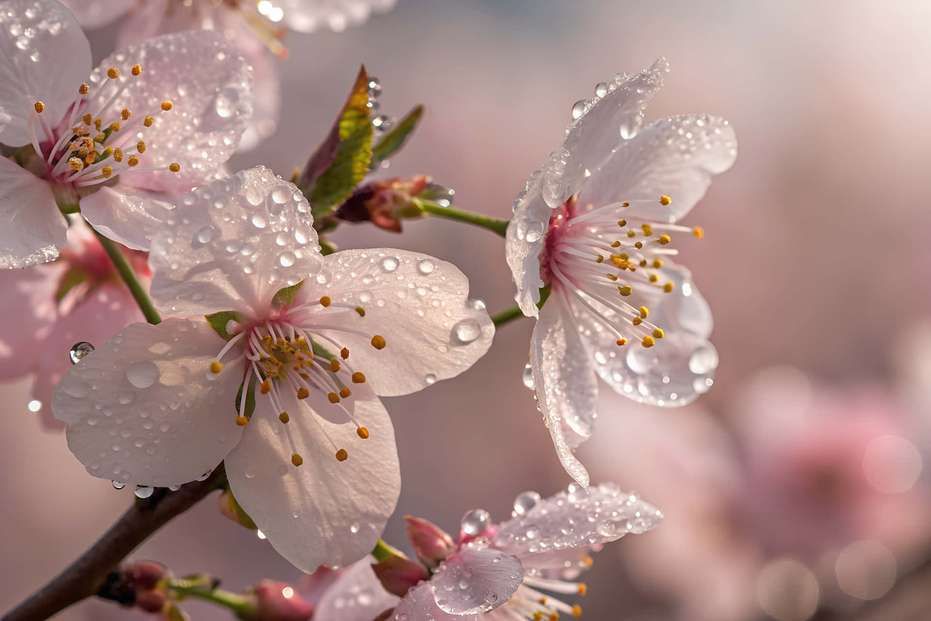 Cherry Blossoms with Dew-Kissed Petals 壁紙 — 精緻的櫻花在柔和粉紅色模糊背景上閃爍著露珠。