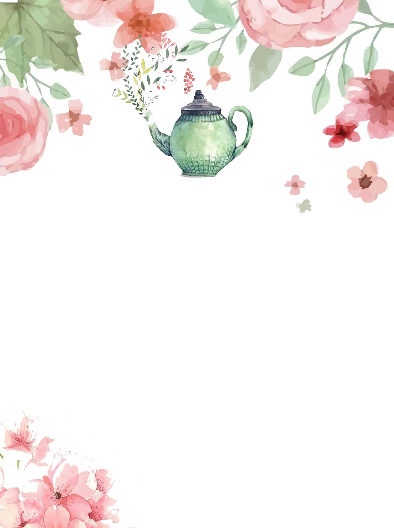 Tea Party 桌布 壁紙 — 精緻的水彩插圖，描繪一個綠色茶壺，周圍環繞著柔和的粉紅色花朵和綠色葉子，形成花卉邊框。