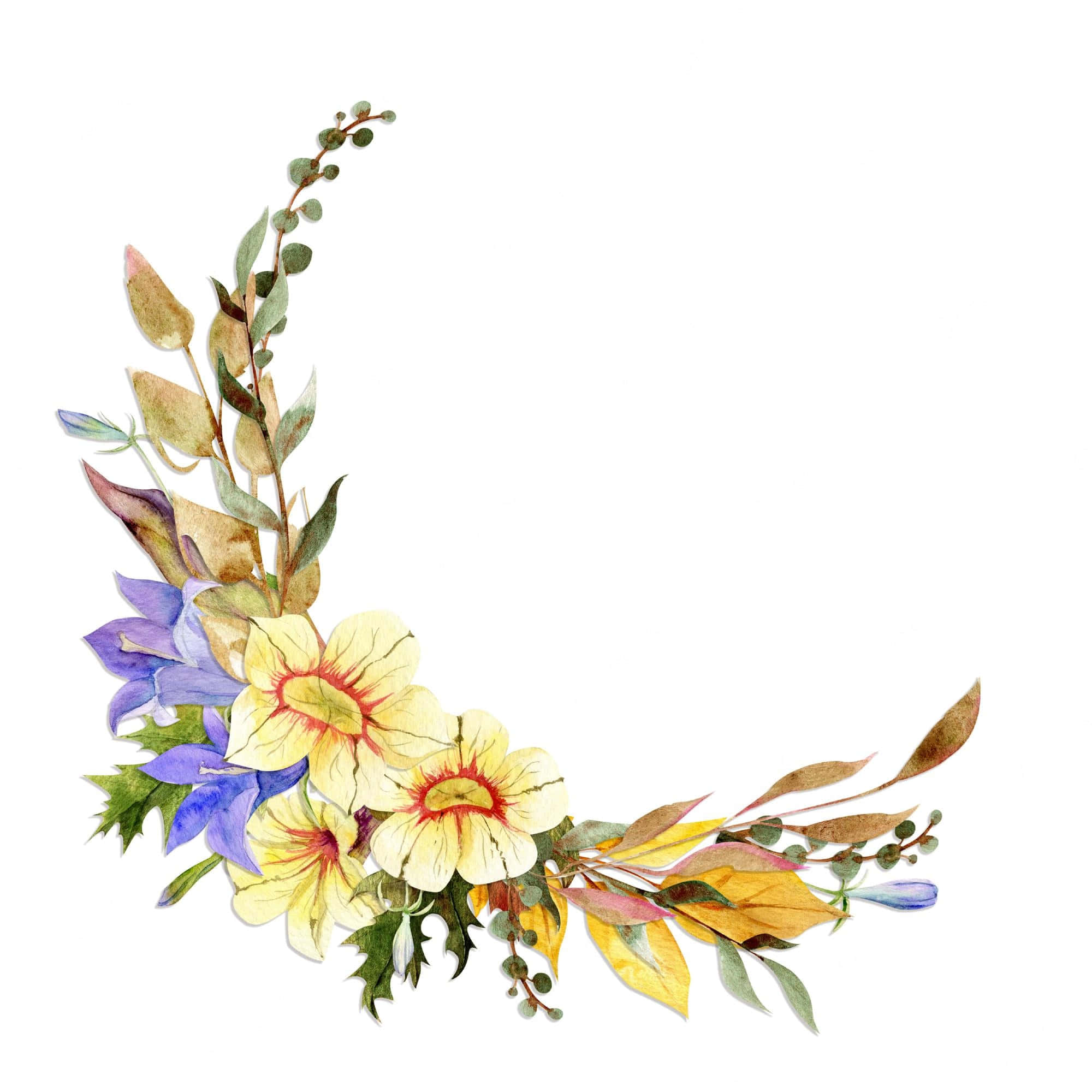 Floral Wreath 桌布 壁紙 — 精緻的水彩花卉佈置，以黃色和紫色的花朵及綠色葉片優雅地彎曲，襯托在潔白的背景上。