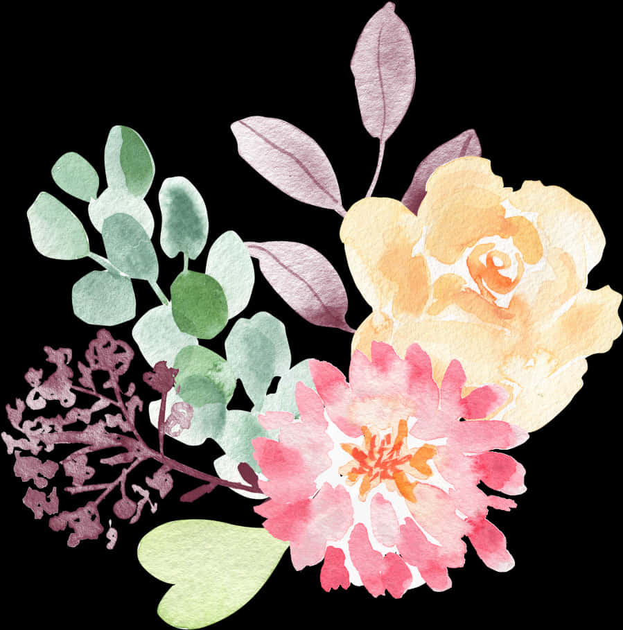 Watercolor Flowers 桌布 壁紙 — 精緻的水彩花卉佈置，粉紅色和黃色的花朵和綠色的葉子，襯托在純黑色背景上。