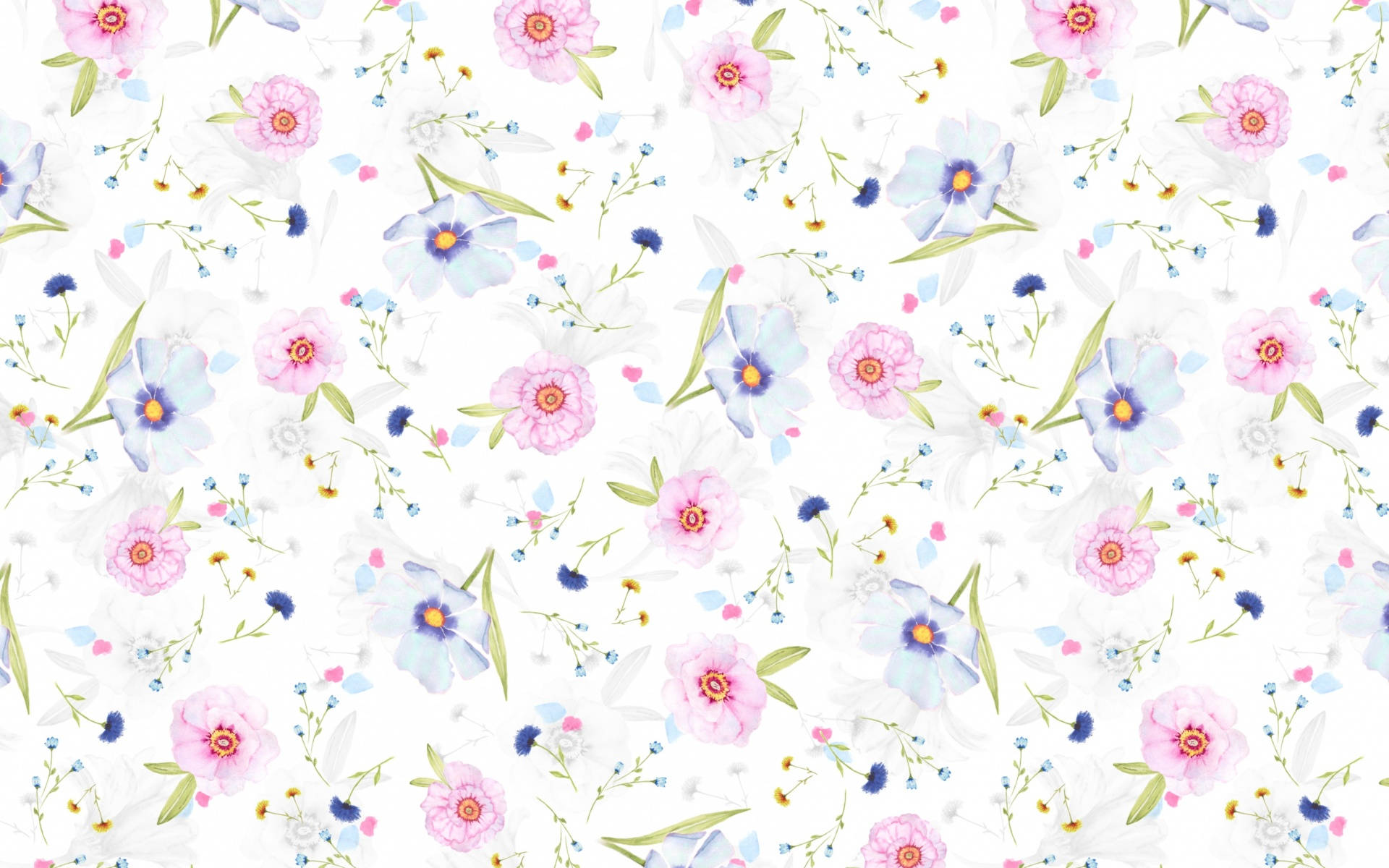 Flowers Aesthetic 桌布 壁紙 — 精緻的水彩花卉圖案，粉紅、藍色和白色的花朵散落在潔淨的白色背景上。