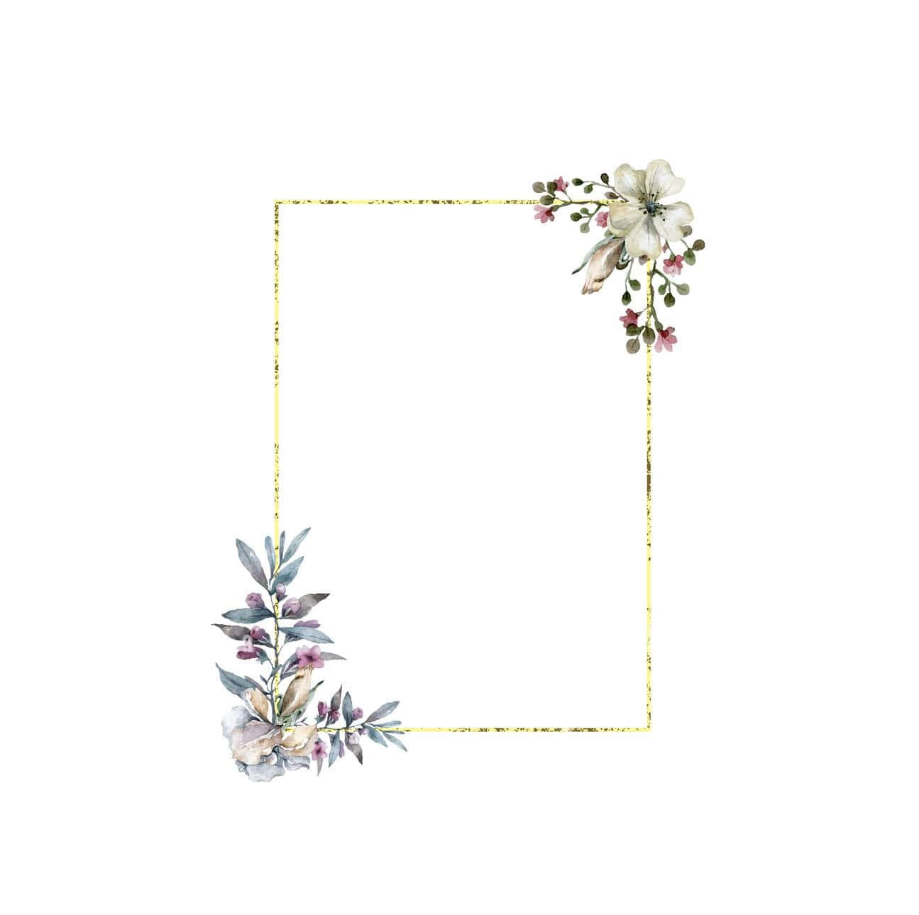 Invitation 桌布 壁紙 — 精緻的水彩花卉框架，帶有金色閃粉邊框，飾有白色、粉紅色和紫色的花朵及綠色植物。
