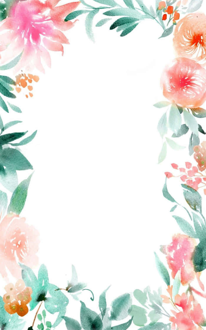 Watercolor 桌布 壁紙 — 精緻的水彩花卉邊框，粉紅色的桃花和綠葉環繞著空白的白色中心。