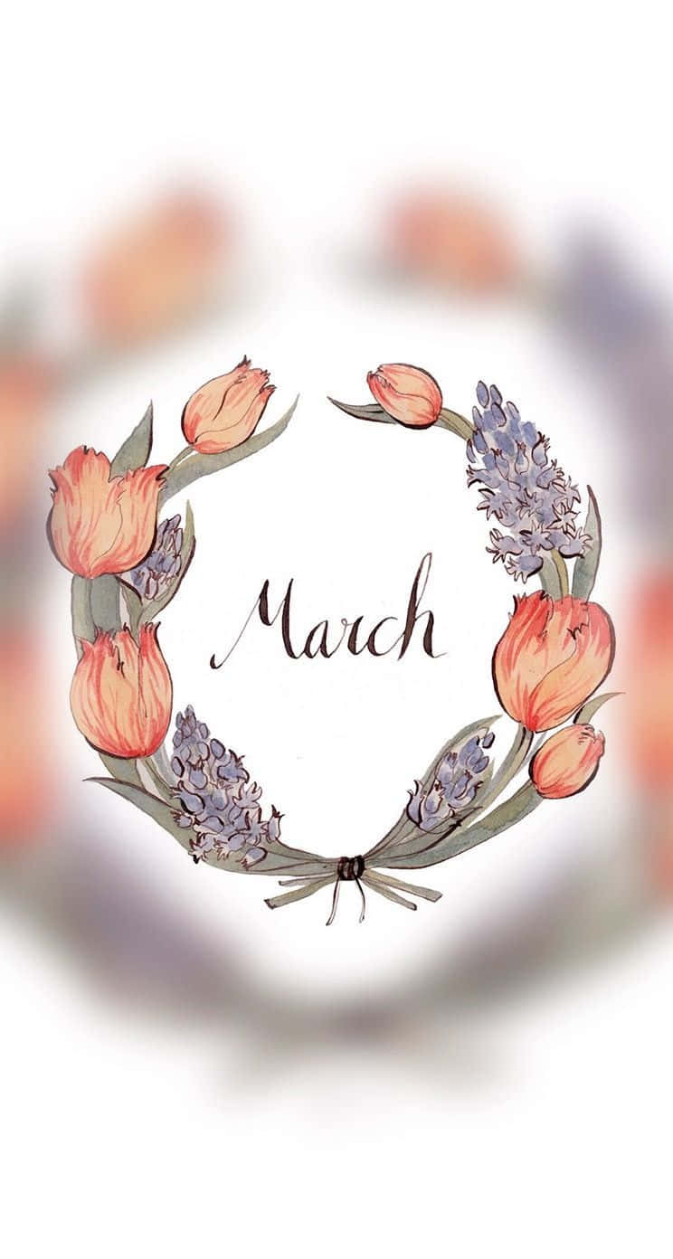 March 桌布 壁紙 — 精緻的水彩花環，由珊瑚色鬱金香和紫色薰衣草組成，在柔和的模糊背景中框住「March」這個詞。