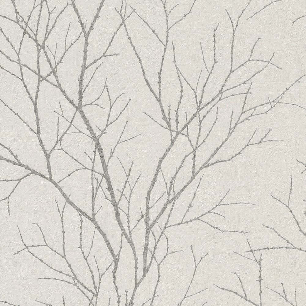 trees 桌布 壁紙 — 精緻的灰色光禿樹枝在帶有紋理的米白色背景上形成複雜圖案。