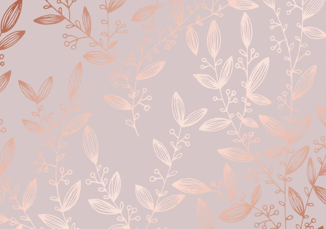 Rose Gold Desktop 桌布 壁紙 — 精緻的玫瑰金葉枝條在柔和的淡紫色背景上以重複圖案優雅地漂浮。