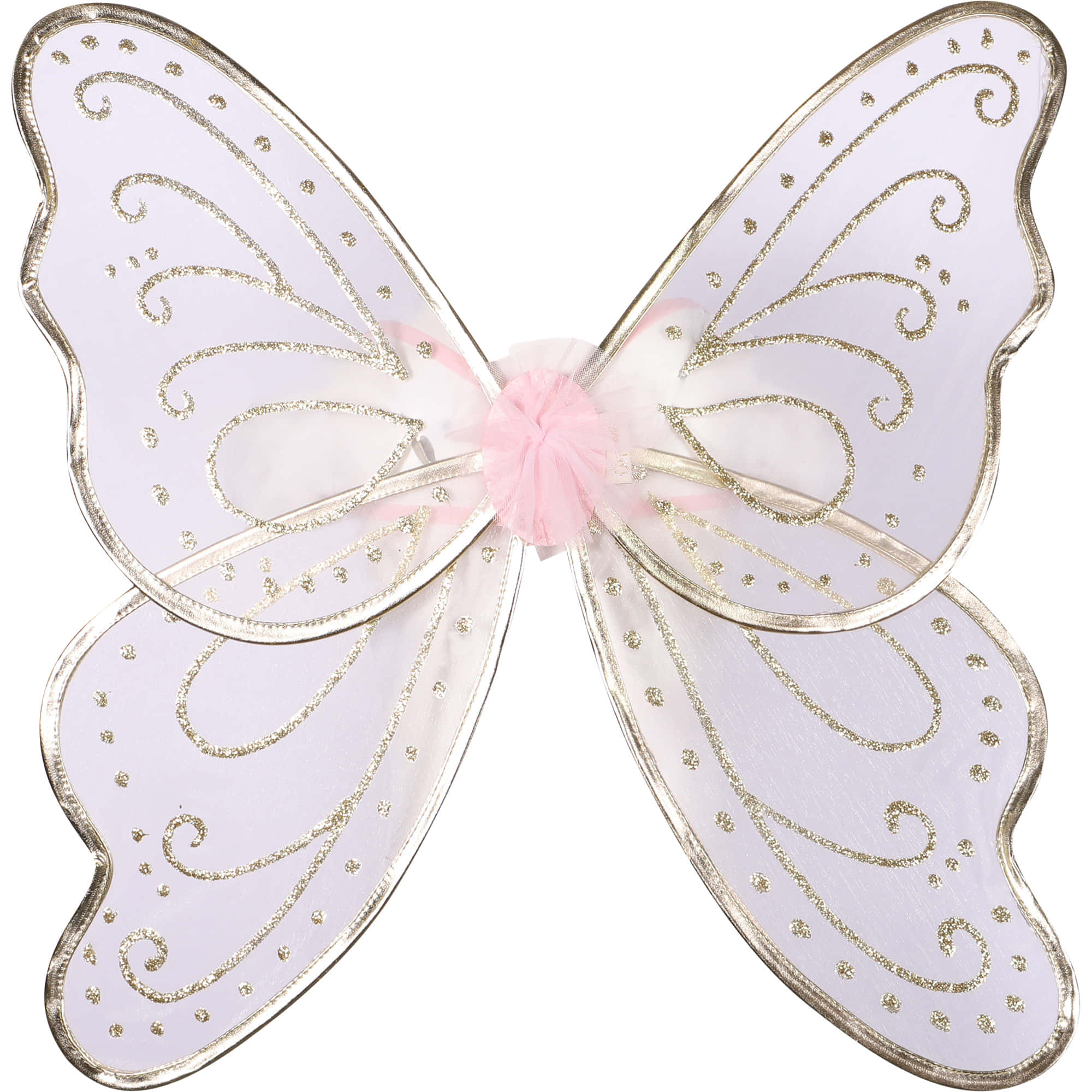 Butterfly Wing Dress 桌布 壁紙 — 精緻的白色仙女翅膀，帶有金色亮粉漩渦和粉紅色薄紗中心，背景純色。