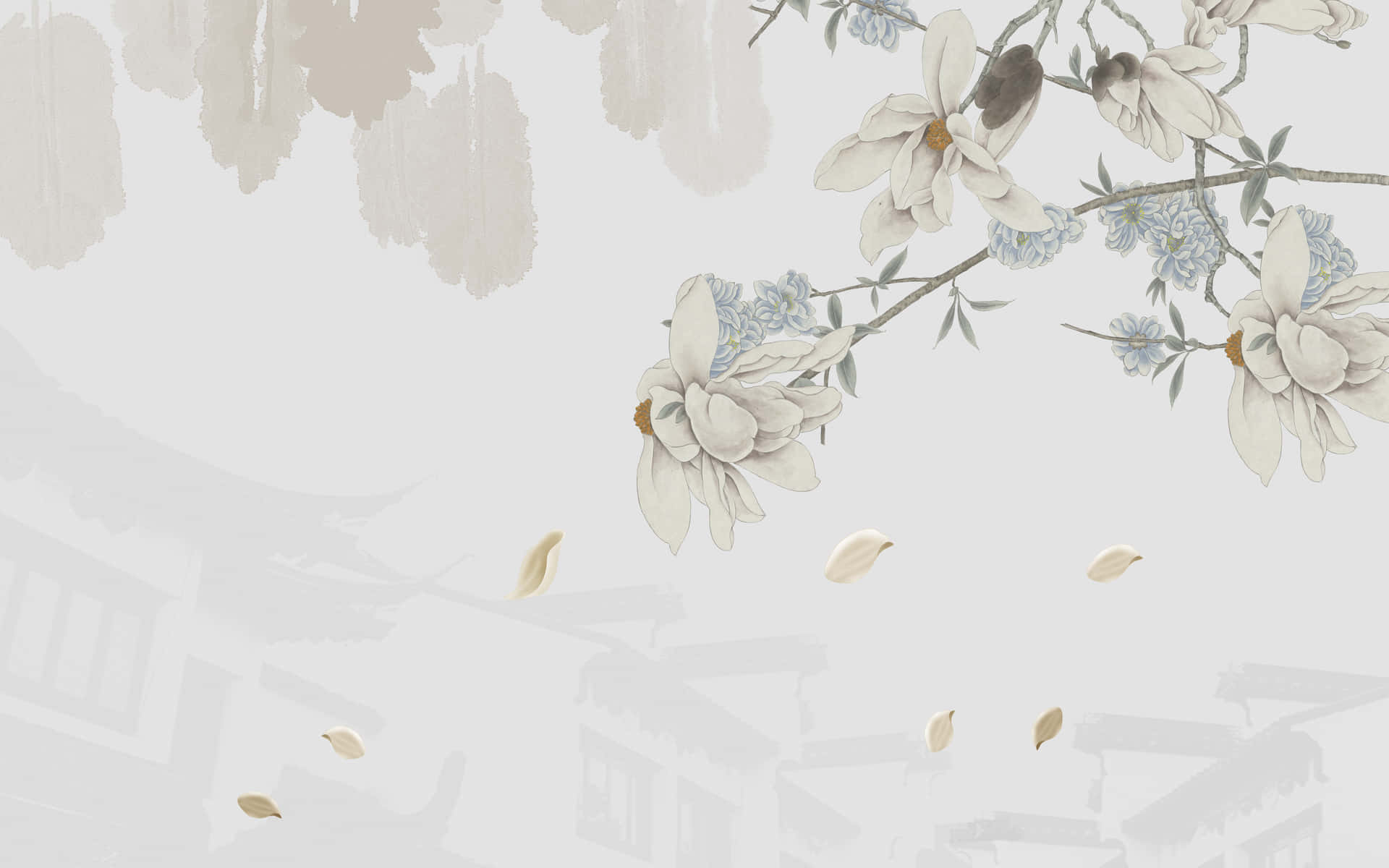 Chinese wallpaper 壁紙 — 精緻的白色木蘭花和藍色花朵優雅地飄過褪色的傳統建築輪廓。