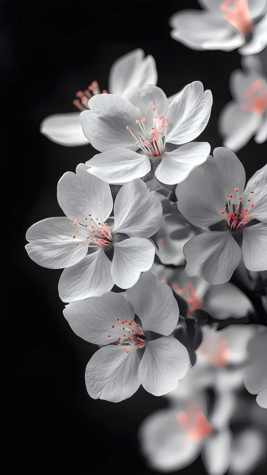 Delicate White Flowers on Dark Background 壁紙 — 精緻的白色櫻花帶有柔軟的粉紅色雄蕊，在純黑色背景下盛開。