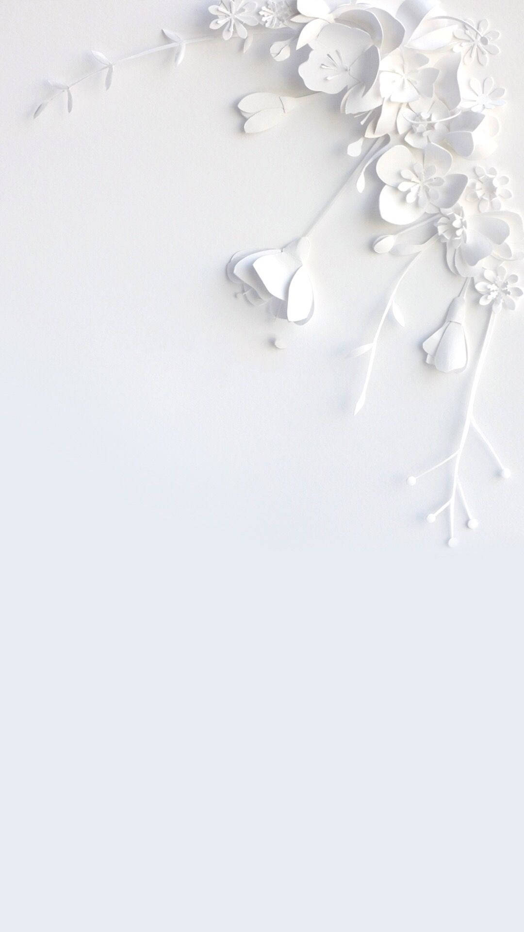 Flowers Aesthetic 桌布 壁紙 — 精緻的白色紙花和葉子以優雅的角落構圖排列在柔和的漸變背景上。