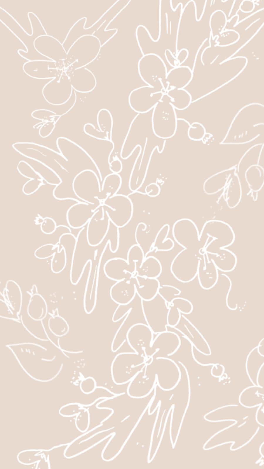 Elegant Floral 桌布 壁紙 — 精緻的白色線條花卉和葉子圖案，在柔和的米色背景上優雅地飄浮。