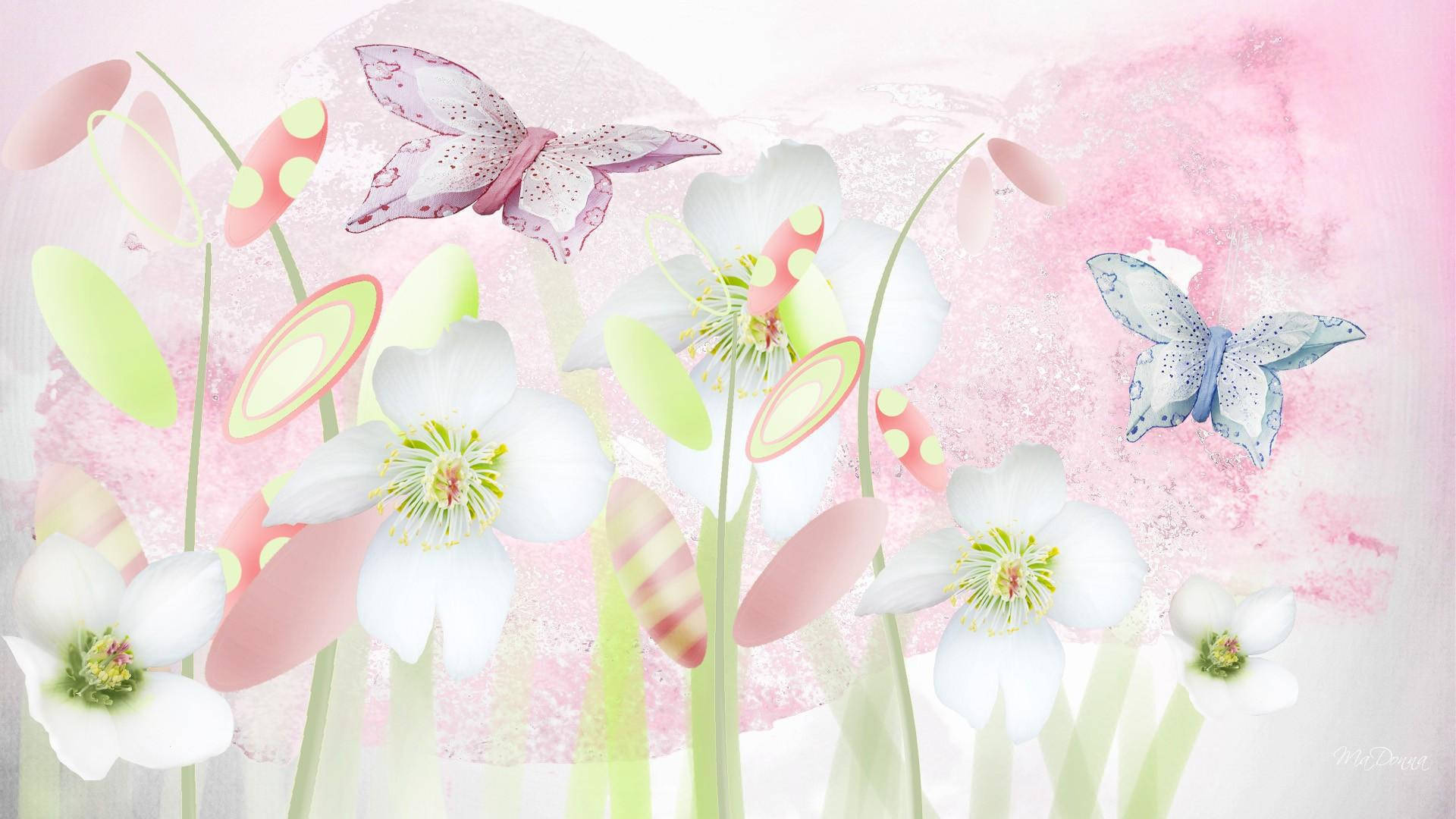 Cute Spring 桌布 壁紙 — 精緻的白色花朵和粉彩蝴蝶在柔和的粉紅色和綠色水彩洗滌中翩翩起舞。