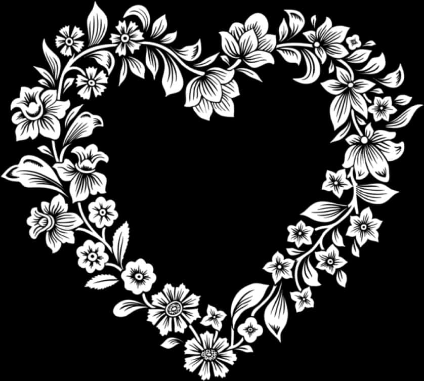Heart Design 桌布 壁紙 — 精緻的白色花環在純黑背景上形成心形。