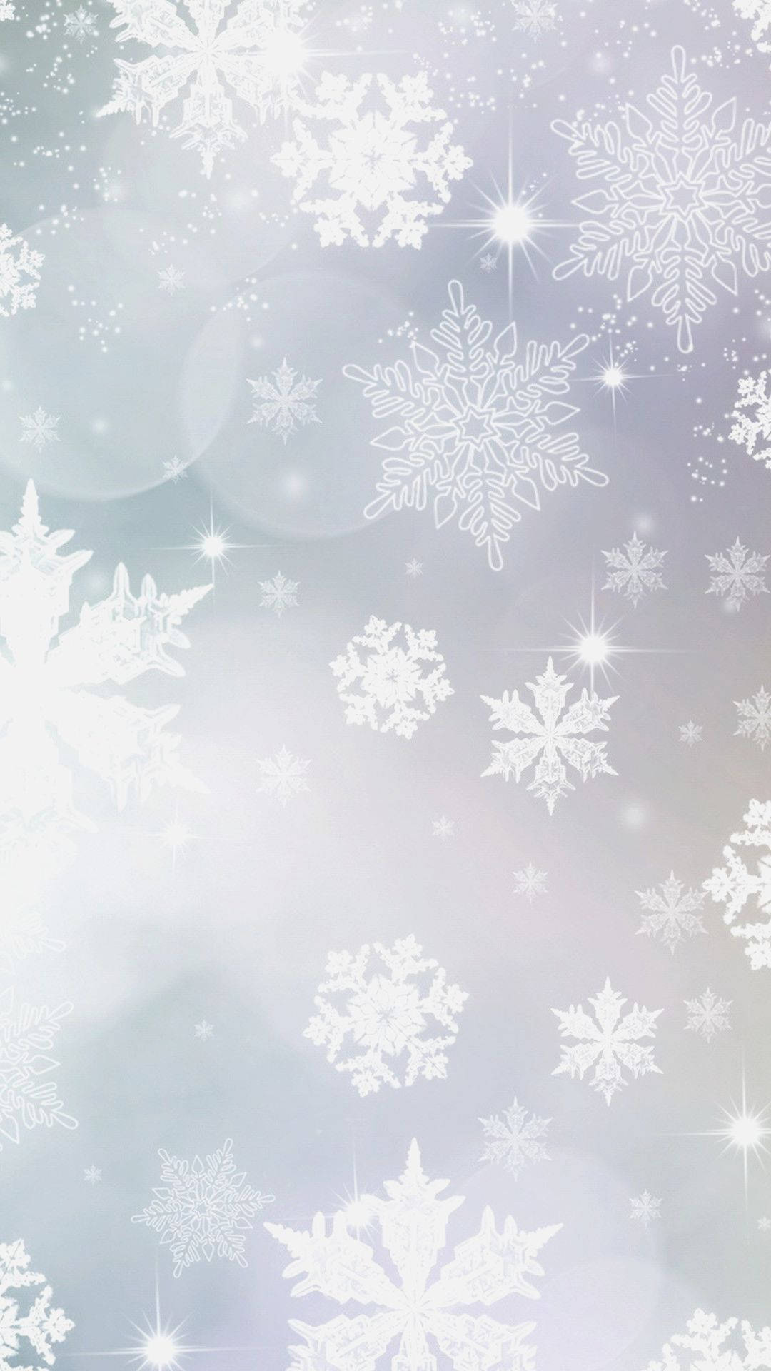 Snowflake iPhone 桌布 壁紙 — 精緻的白色雪花在冰藍色和薰衣草色的柔和漸變中飄動，伴隨著閃爍的星芒和散景燈光。