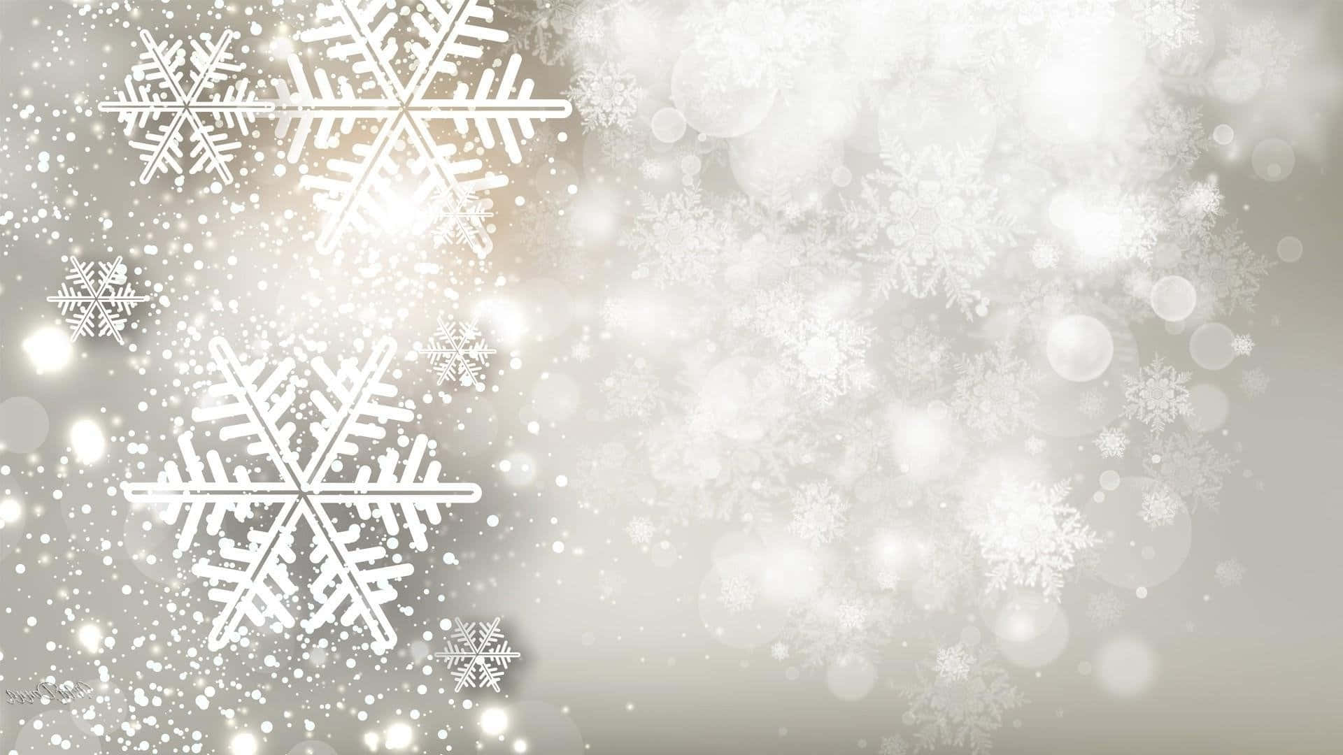 雪花 桌布 壁紙 — 精緻的白色雪花在柔和的漸變背景上飄動，伴隨著發光的散景燈光。