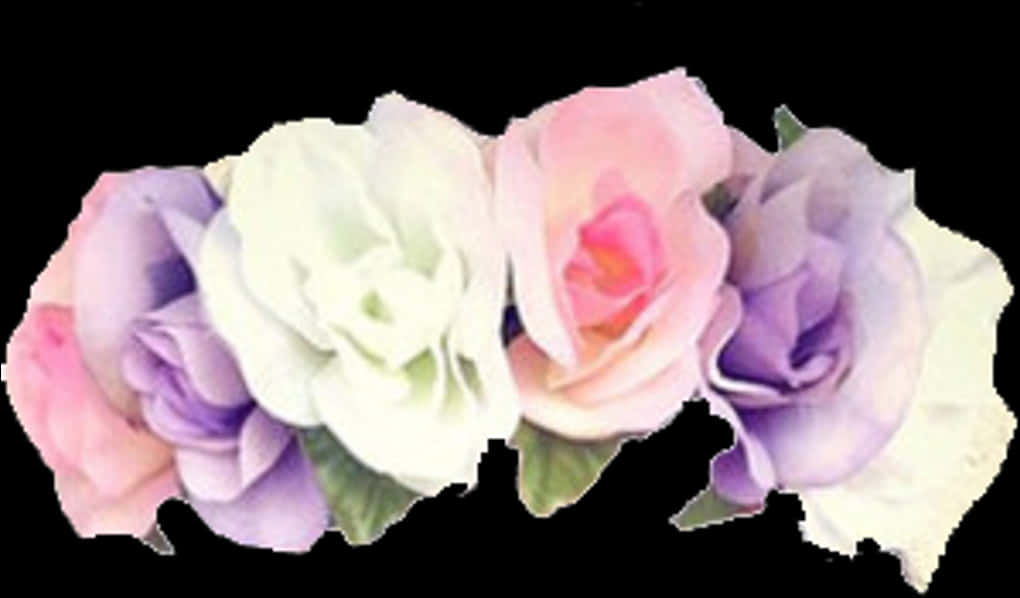 Rose Flower 桌布 壁紙 — 精緻的粉彩玫瑰冠，以粉紅、薰衣草和白色花朵綻放，襯托在純黑背景上。