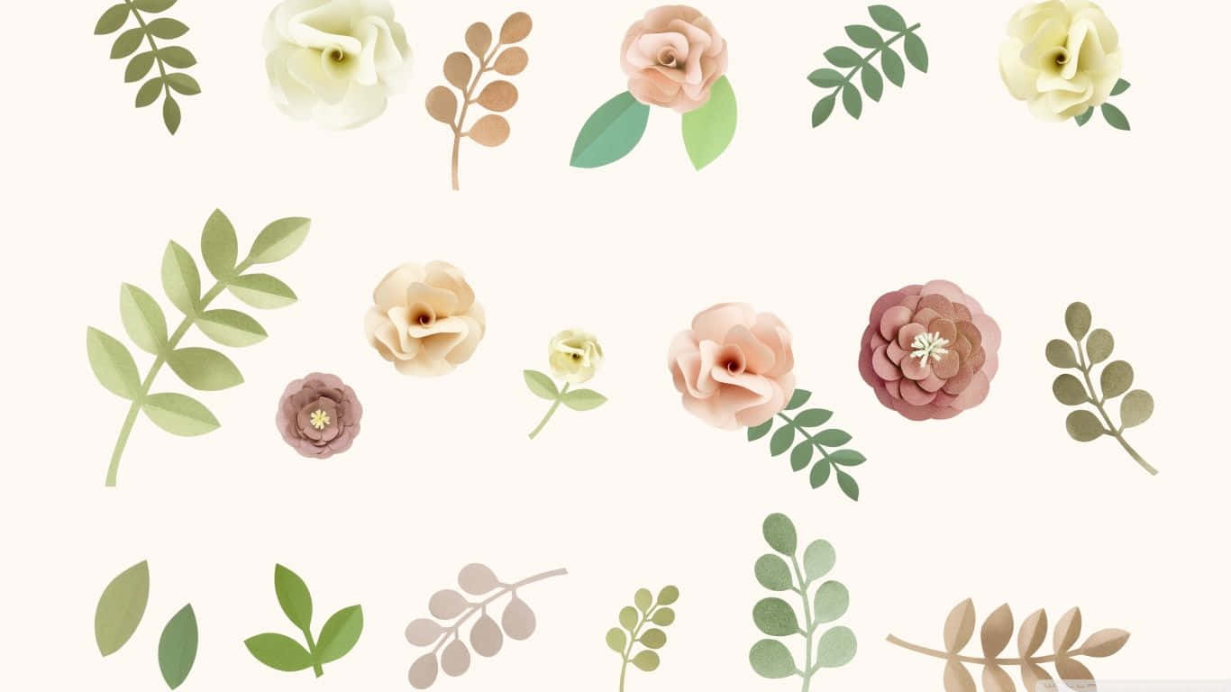 Aesthetic Floral 桌布 壁紙 — 精緻的粉彩紙剪花和葉子在柔和的奶油色背景上優雅地飄浮。