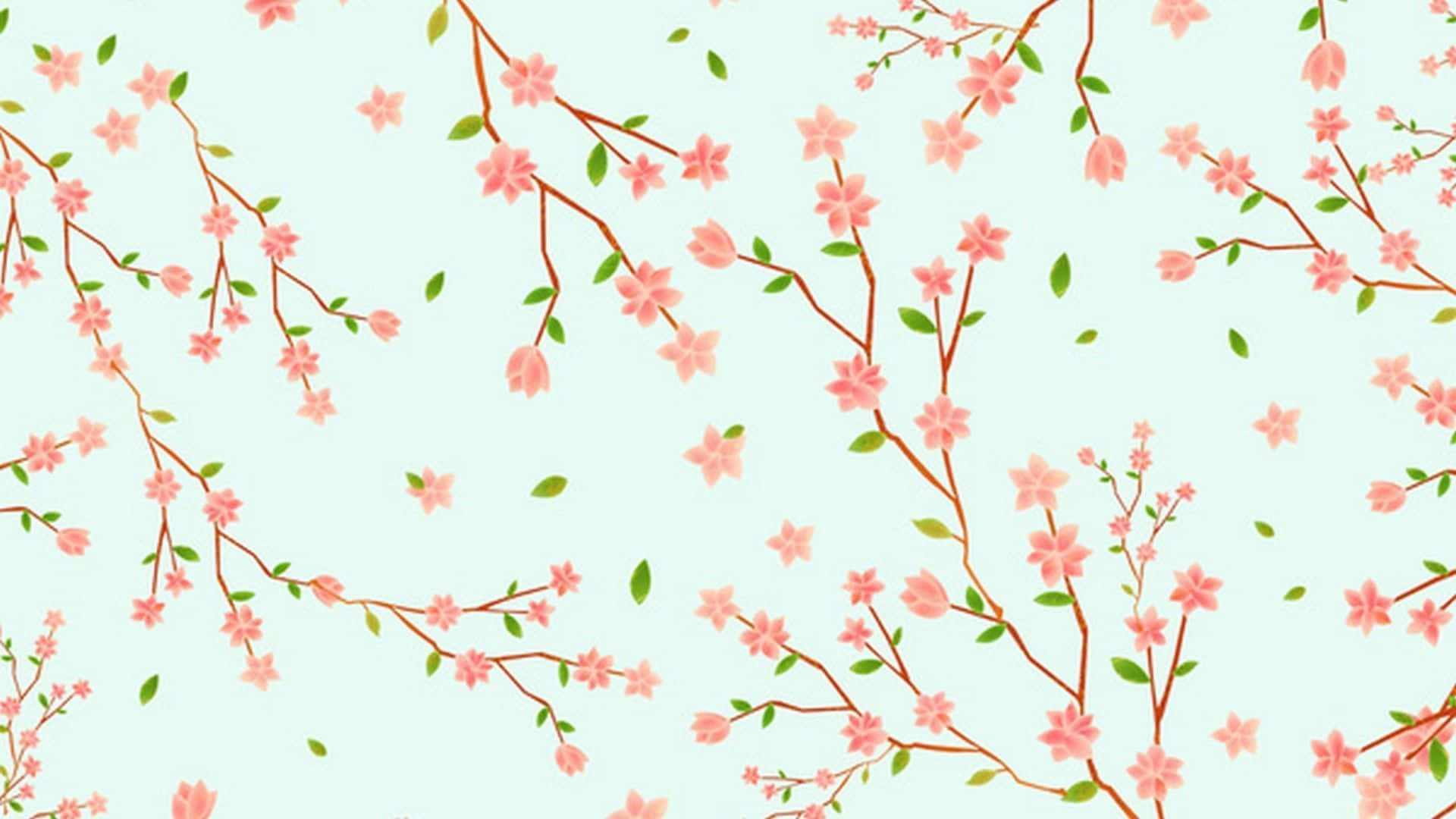 Kawaii Flower 桌布 壁紙 — 精緻的粉紅櫻花和綠葉在柔和的薄荷色背景上以重複圖案飄動。