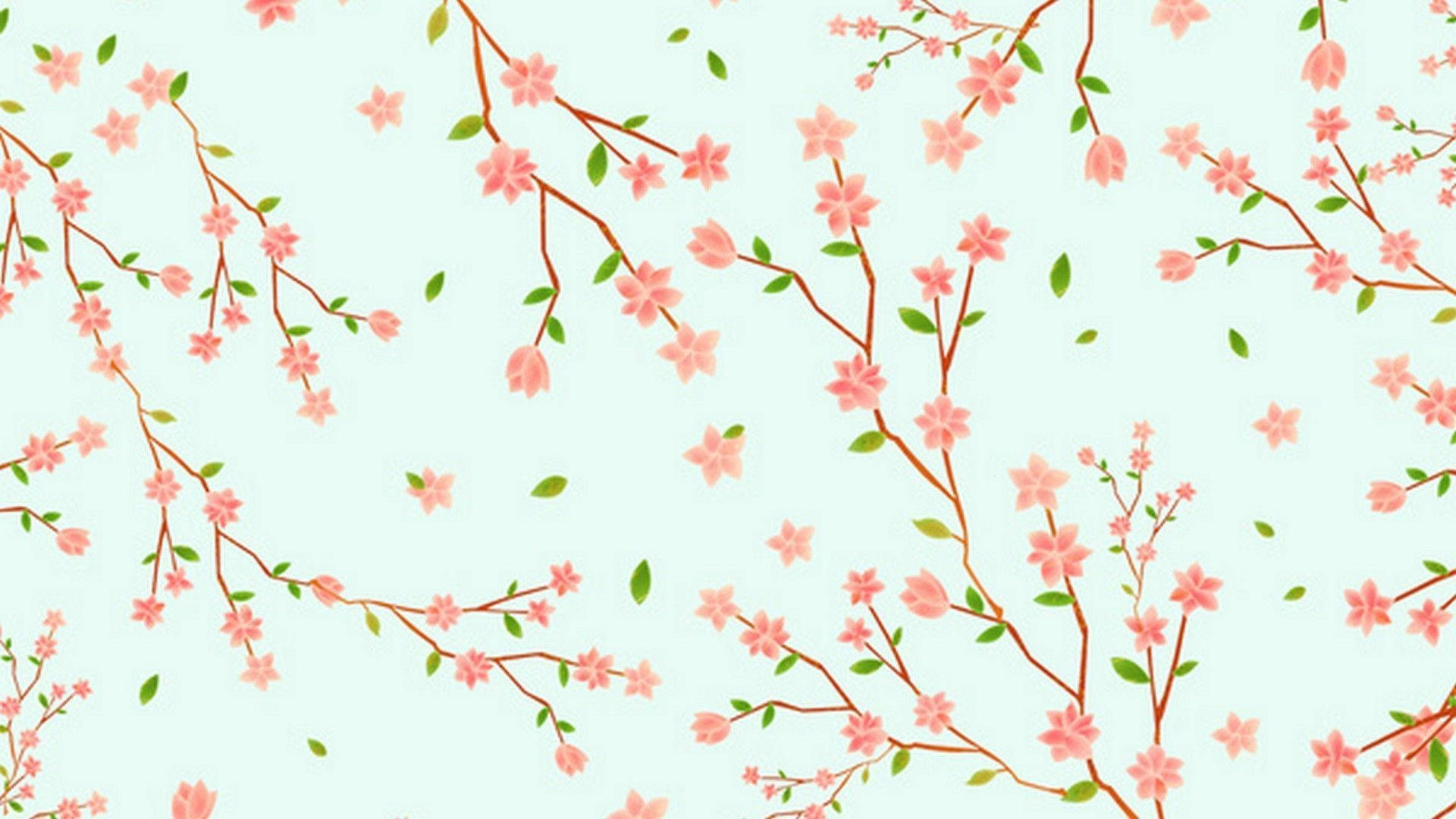 Flowers 桌布 壁紙 — 精緻的粉紅櫻花和綠葉在柔和的薄荷色背景上以重複圖案飄動。