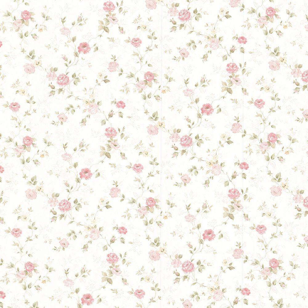 White Pattern 桌布 壁紙 — 精緻的粉紅玫瑰和綠色藤蔓優雅地攀爬在柔軟的奶油色背景上，呈現復古花卉壁紙圖案。