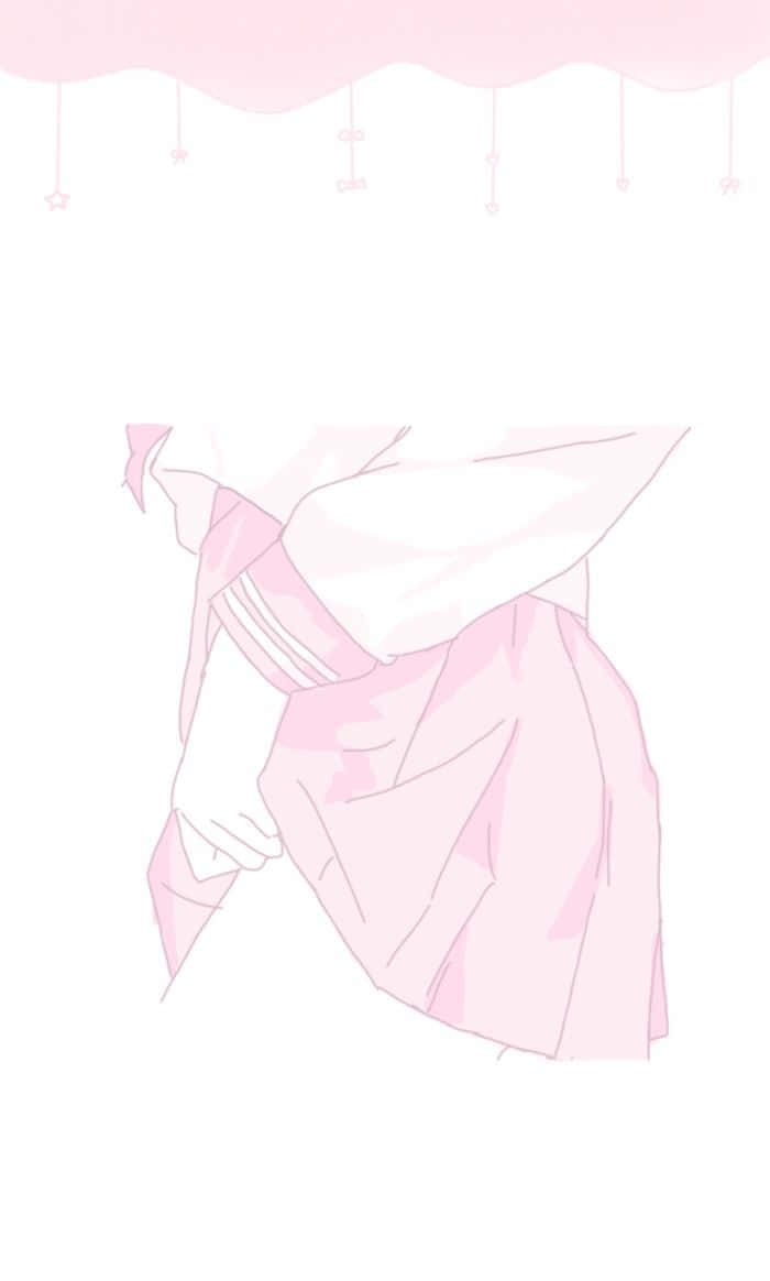 Pastel Pink Aesthetic Anime 桌布 壁紙 — 精緻的粉紅色動漫風格連衣裙草圖，帶有柔和陰影和懸掛的星星裝飾，位於扇形天篷下。