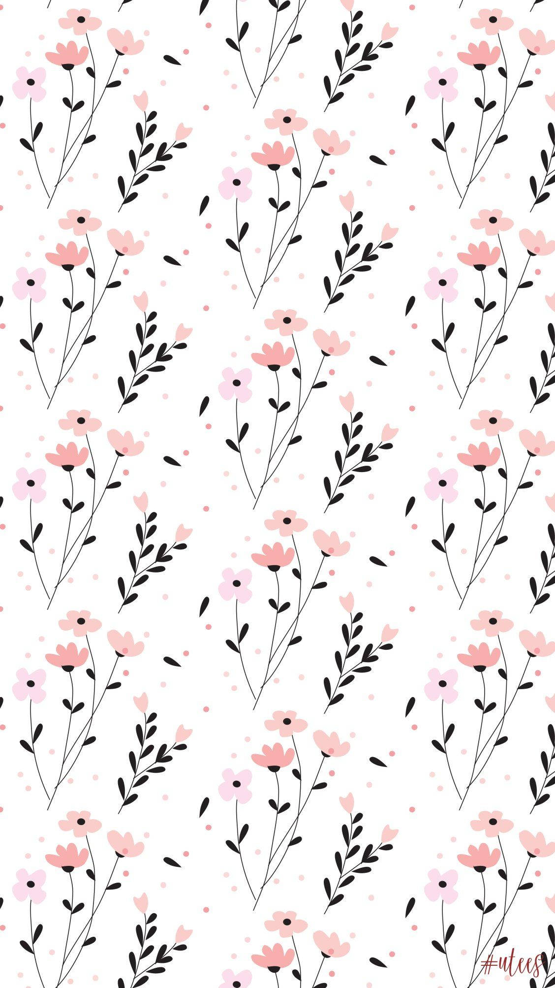 Cute Spring 桌布 壁紙 — 精緻的粉紅色花朵和黑色莖幹散落在帶有柔和粉紅色圓點的白色背景上。