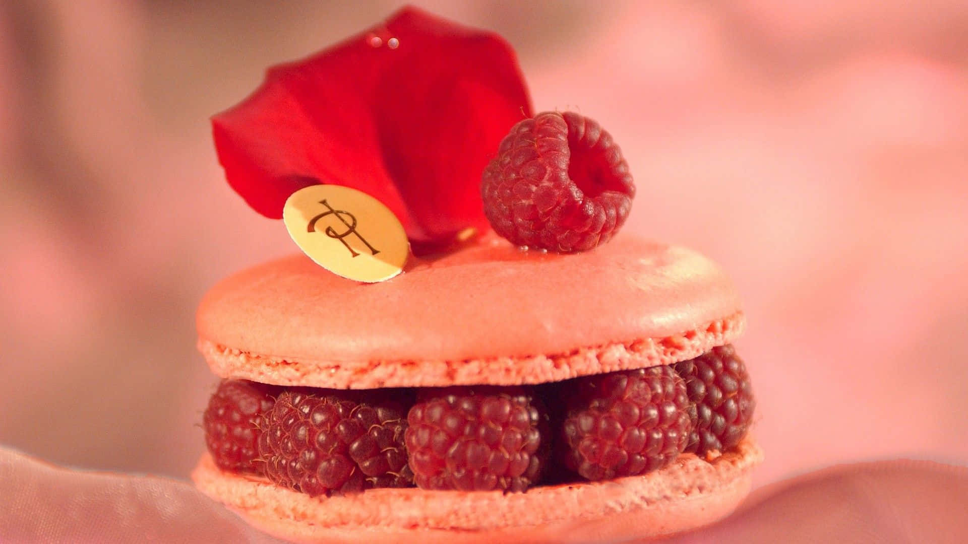 Spring Desserts 桌布 壁紙 — 精緻的粉紅色馬卡龍，內餡是新鮮覆盆子，上面點綴著紅玫瑰花瓣和金幣。