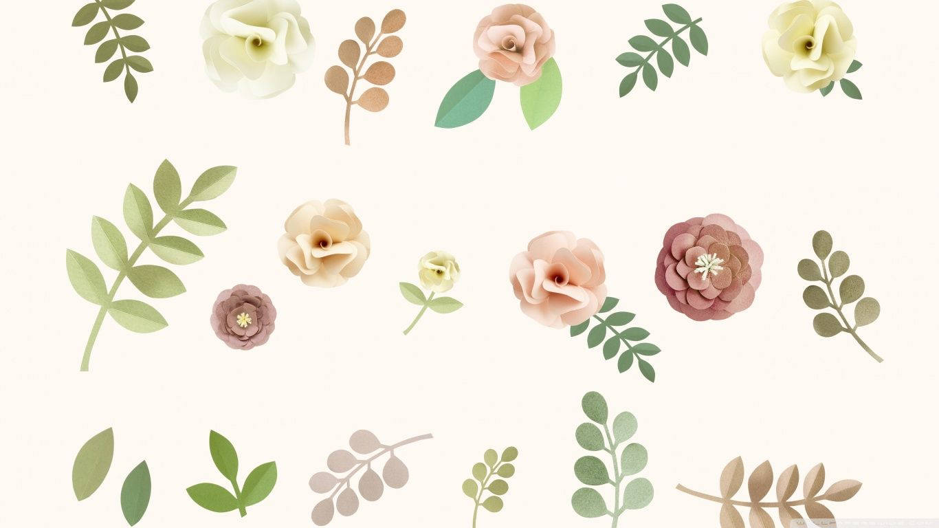 Minimalist Flower Computer 桌布 壁紙 — 精緻的紙雕花朵和葉子以柔和粉彩漂浮在奶油色背景上，構成一個奇思妙想的植物佈置。