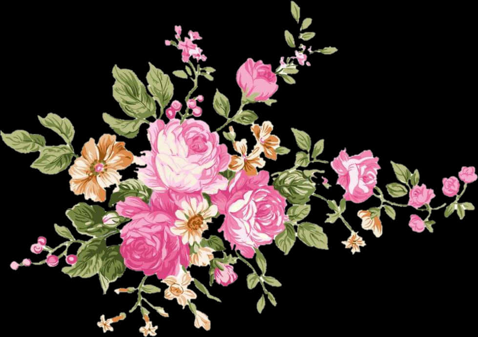 Flowers 桌布 壁紙 — 精緻的花卉佈置，粉紅玫瑰與橙色花朵在綠色莖幹上，襯托在純黑背景上。