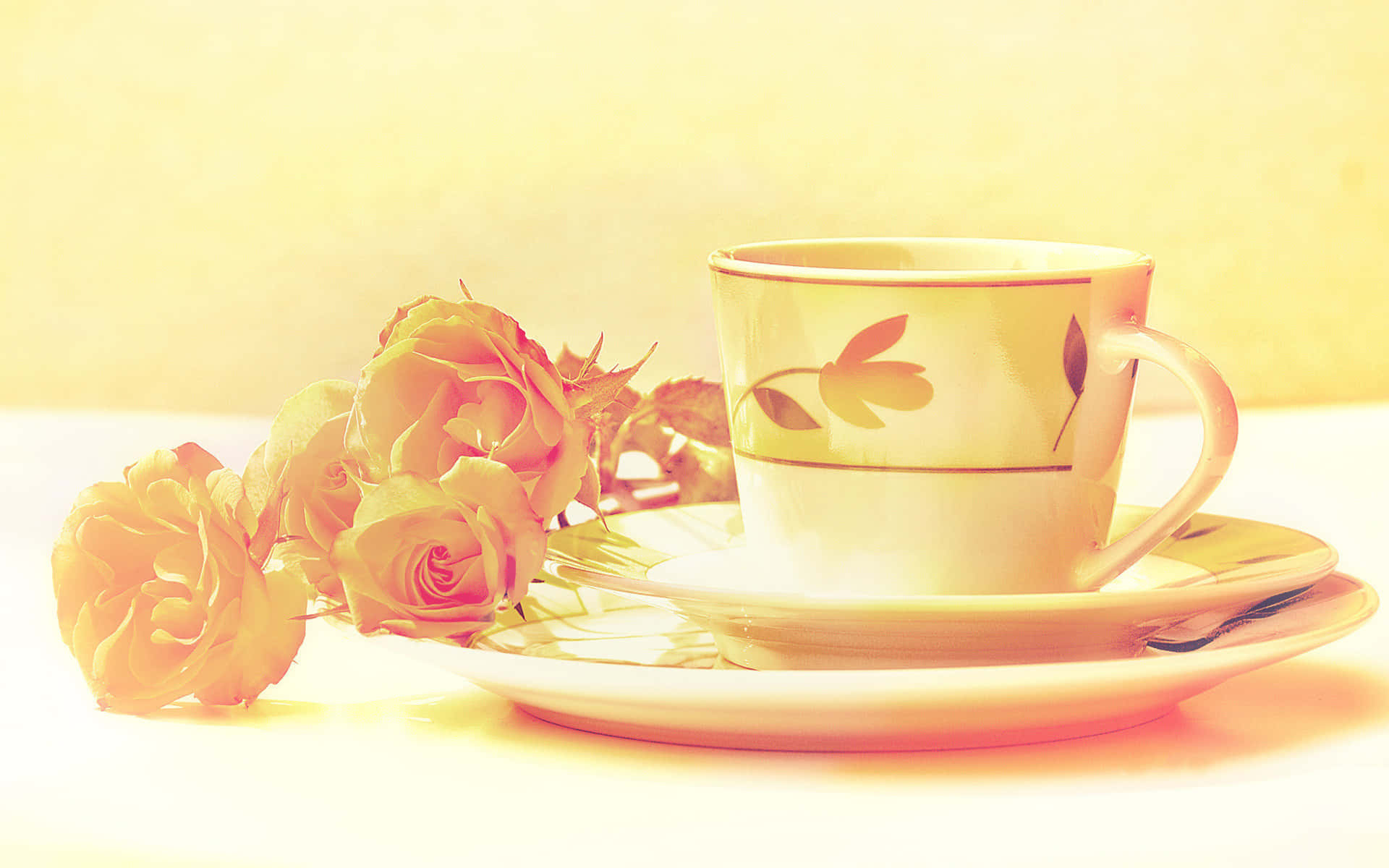 Floral Tea 桌布 壁紙 — 精緻的花卉圖案茶杯放在碟子上，旁邊是沐浴在溫暖金色光線中的柔軟黃玫瑰。