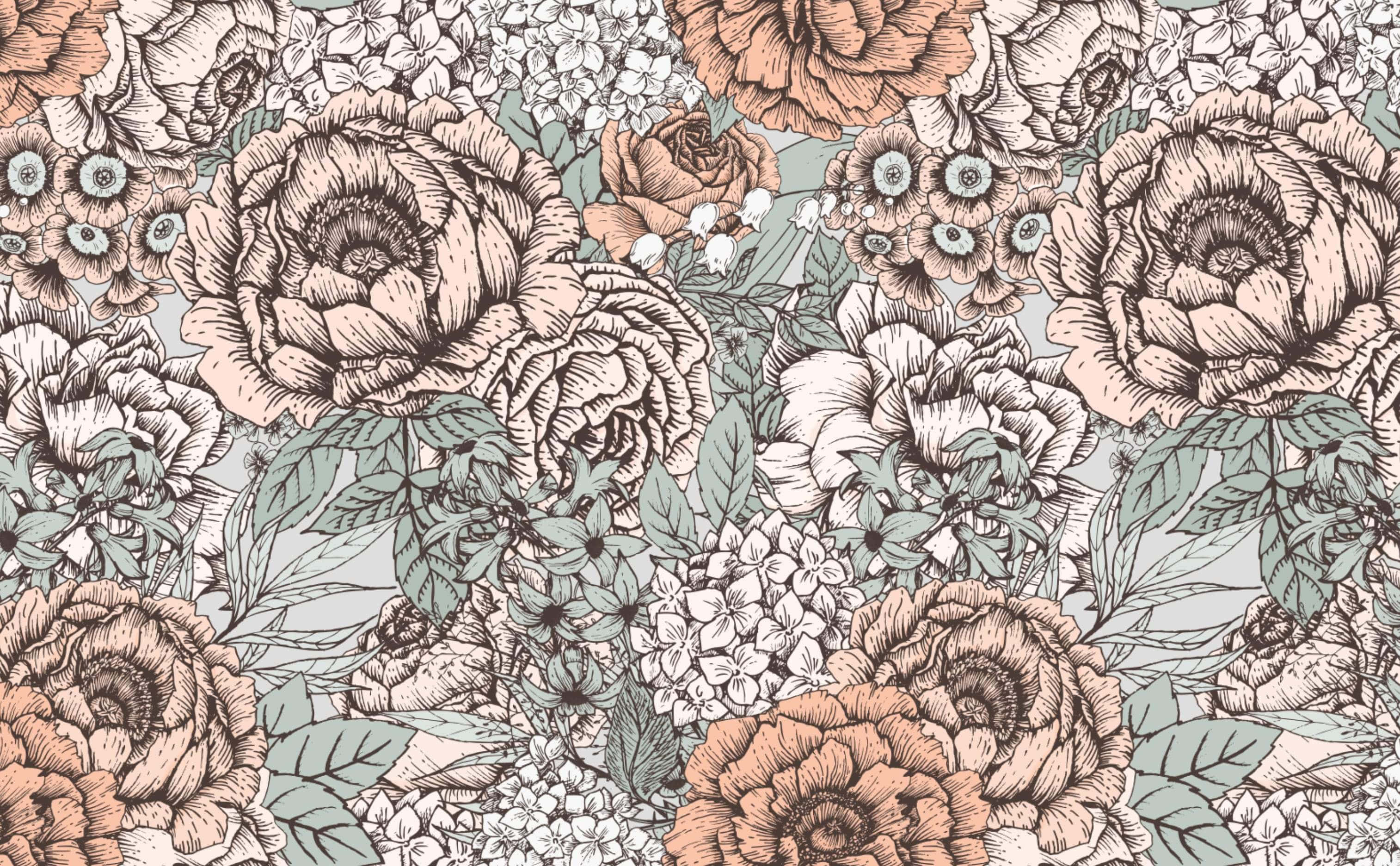 Floral Print 桌布 壁紙 — 精緻的花卉壁紙圖案，以手繪牡丹和繡球花為主，色調柔和，採用淡蜜桃色和鼠尾草綠色。