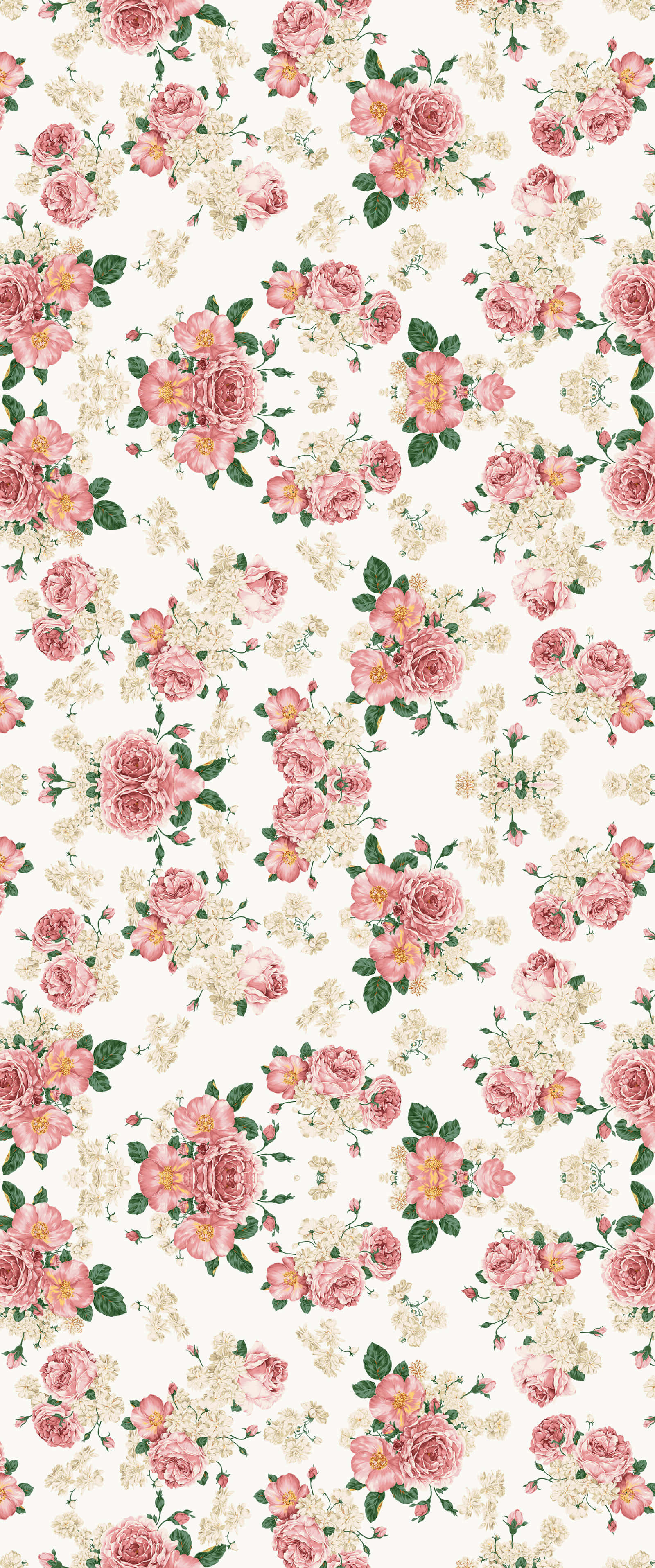 Rose Pattern 桌布 壁紙 — 精緻的花卉壁紙圖案，在奶油色背景上點綴粉紅玫瑰、白色花朵和綠色葉子。