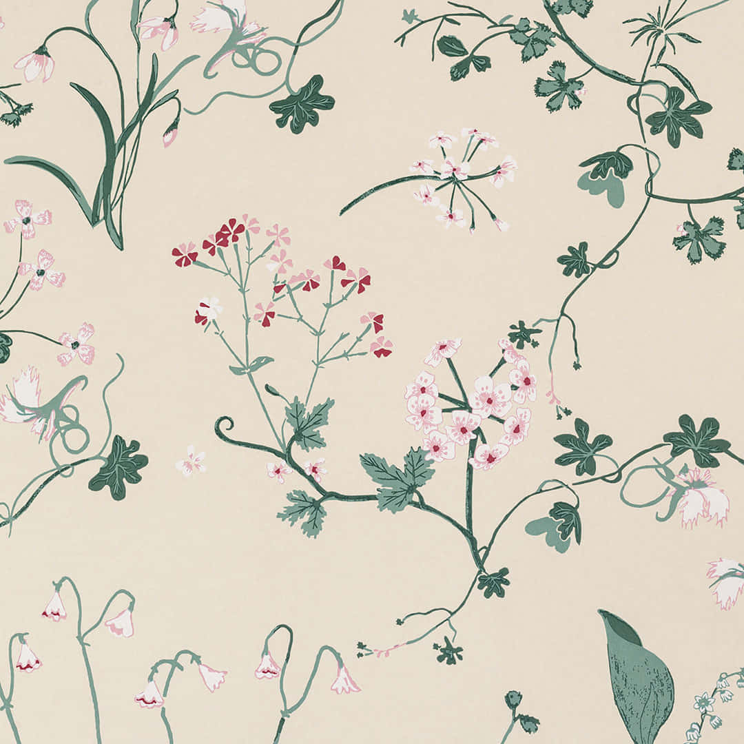 Floral Print 桌布 壁紙 — 精緻的花卉藤蔓，帶有粉紅色花朵和綠色葉子，優雅地纏繞在柔軟的米色背景上。
