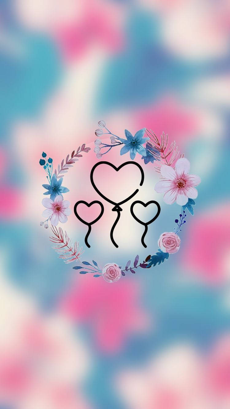 Cute Instagram 桌布 壁紙 — 精緻的花環環繞著三個心形氣球，背景是柔和的粉紅色和藍色模糊效果。