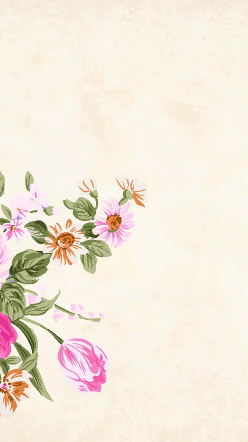 Cute Flower 桌布 壁紙 — 精緻的花藝佈置，以粉紅色和橙色花朵及綠色葉子點綴左下角，背景為柔和的米色紋理。