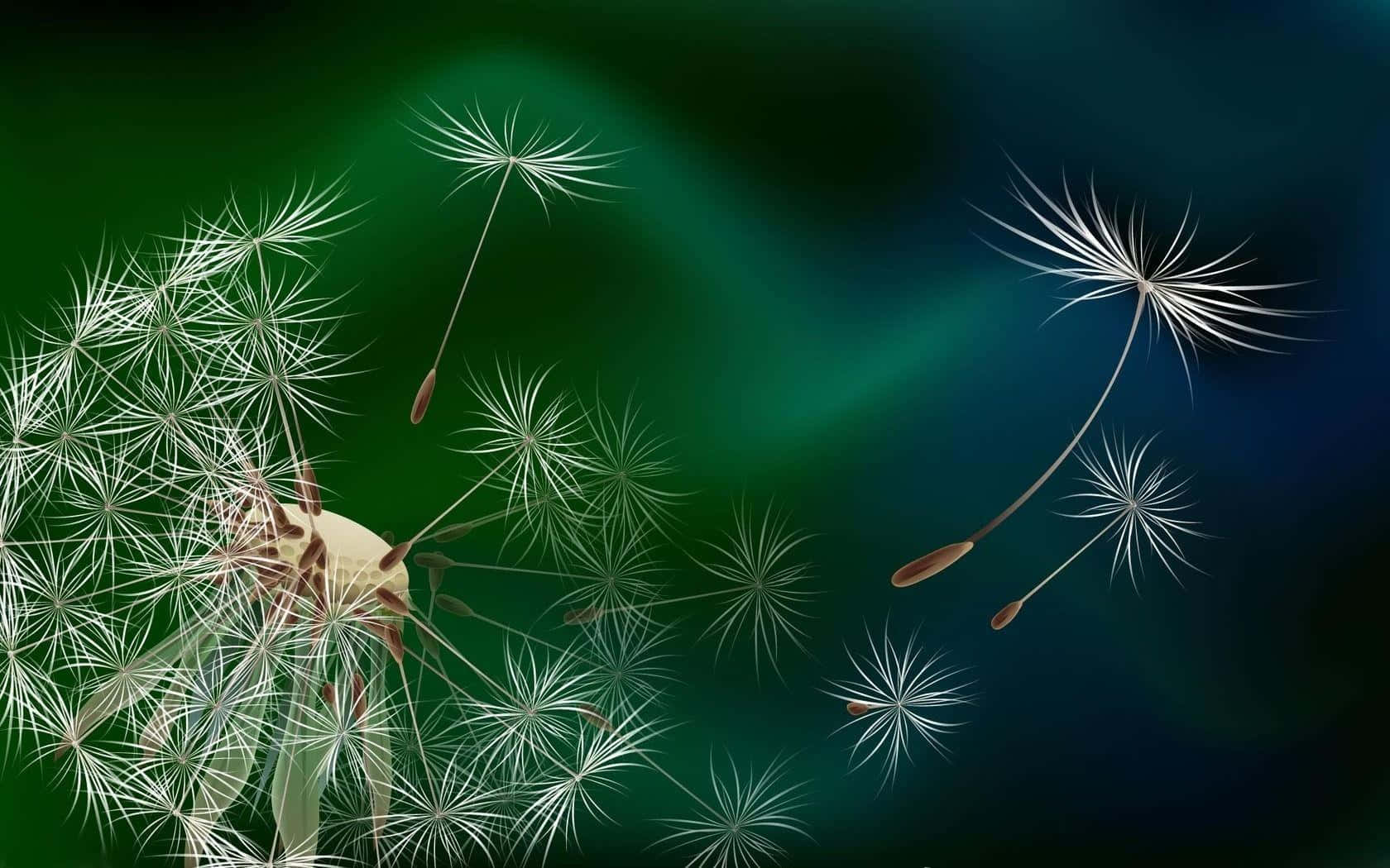 Dandelion 桌布 壁紙 — 精緻的蒲公英種子在漸變綠色和藍色的夜空中飄蕩，伴隨著柔和的光芒。