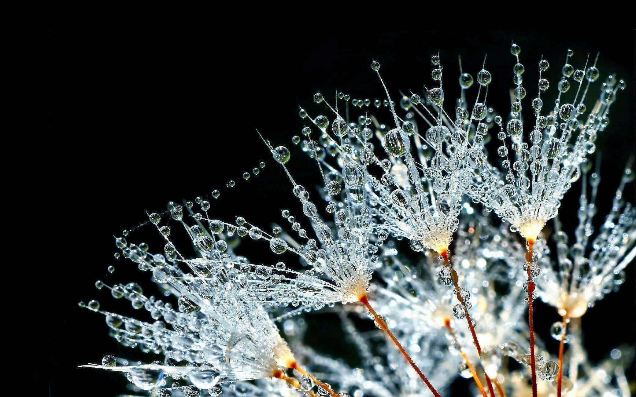 Water Droplet 桌布 壁紙 — 精緻的蒲公英種子頭在純黑背景下閃爍著露珠。