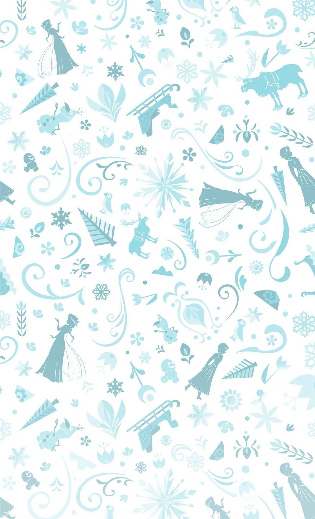 Disney Pattern 桌布 壁紙 — 精緻的藍白圖案壁紙，以風格化的雪花、馴鹿和公主剪影為特色，營造出夢幻的冬季主題。