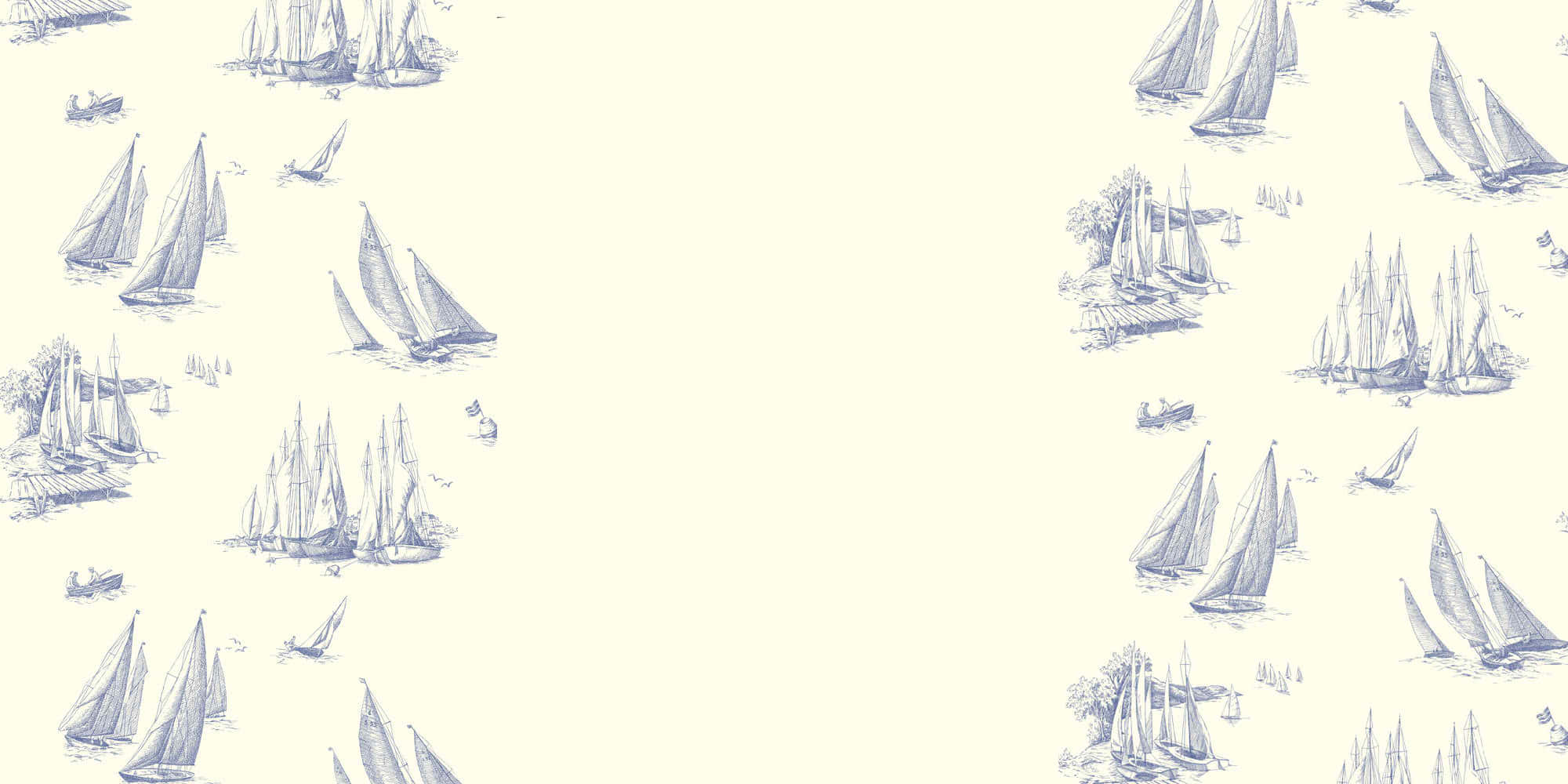 Nautical 桌布 壁紙 — 精緻的藍色和奶油色托伊爾壁紙，散佈著帆船和海岸場景，採用經典的手繪風格。