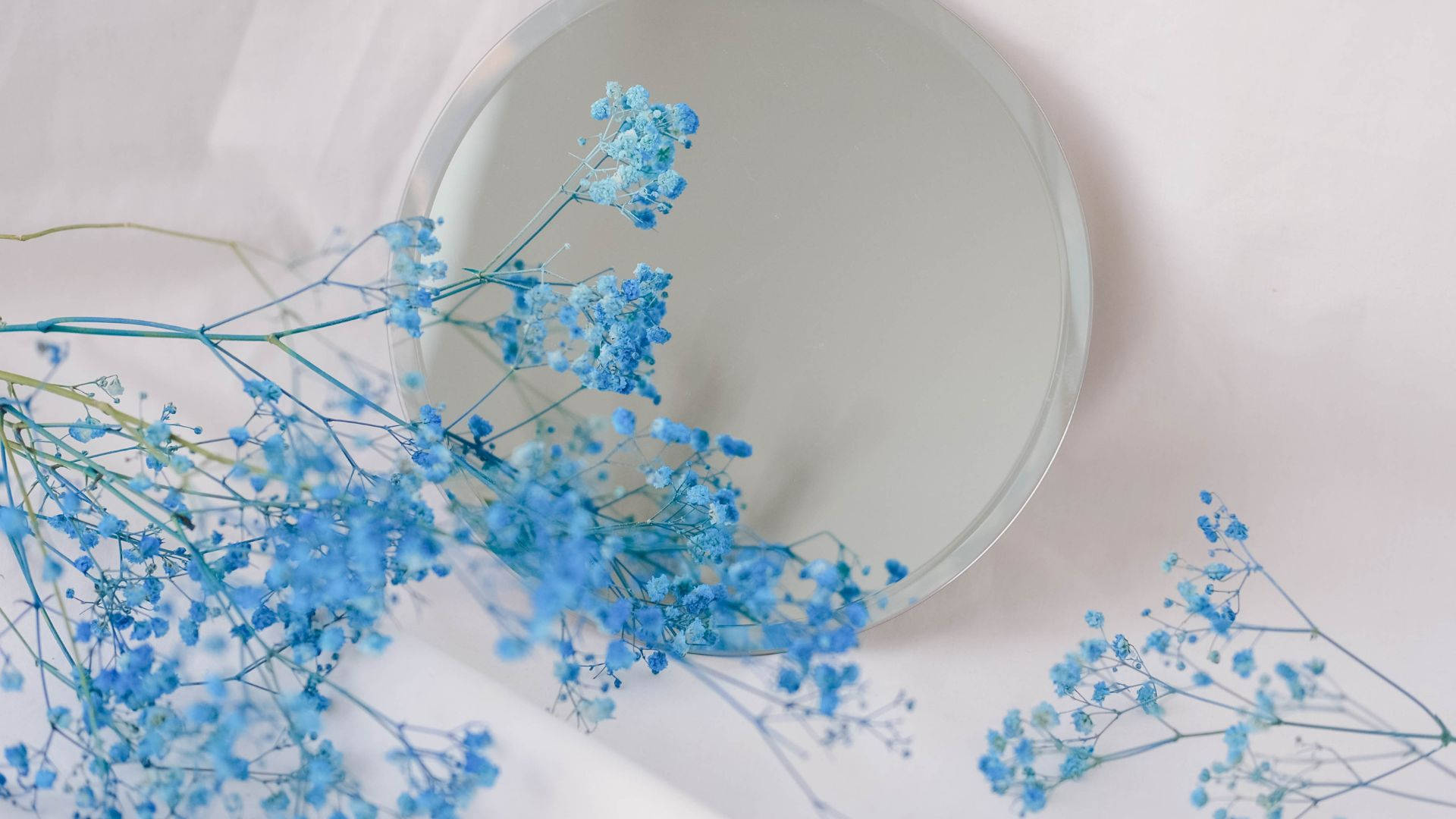 Cute Light Blue 桌布 壁紙 — 精緻的藍色滿天星花朵在柔軟的白色表面上圍繞著圓形鏡子層疊而下。