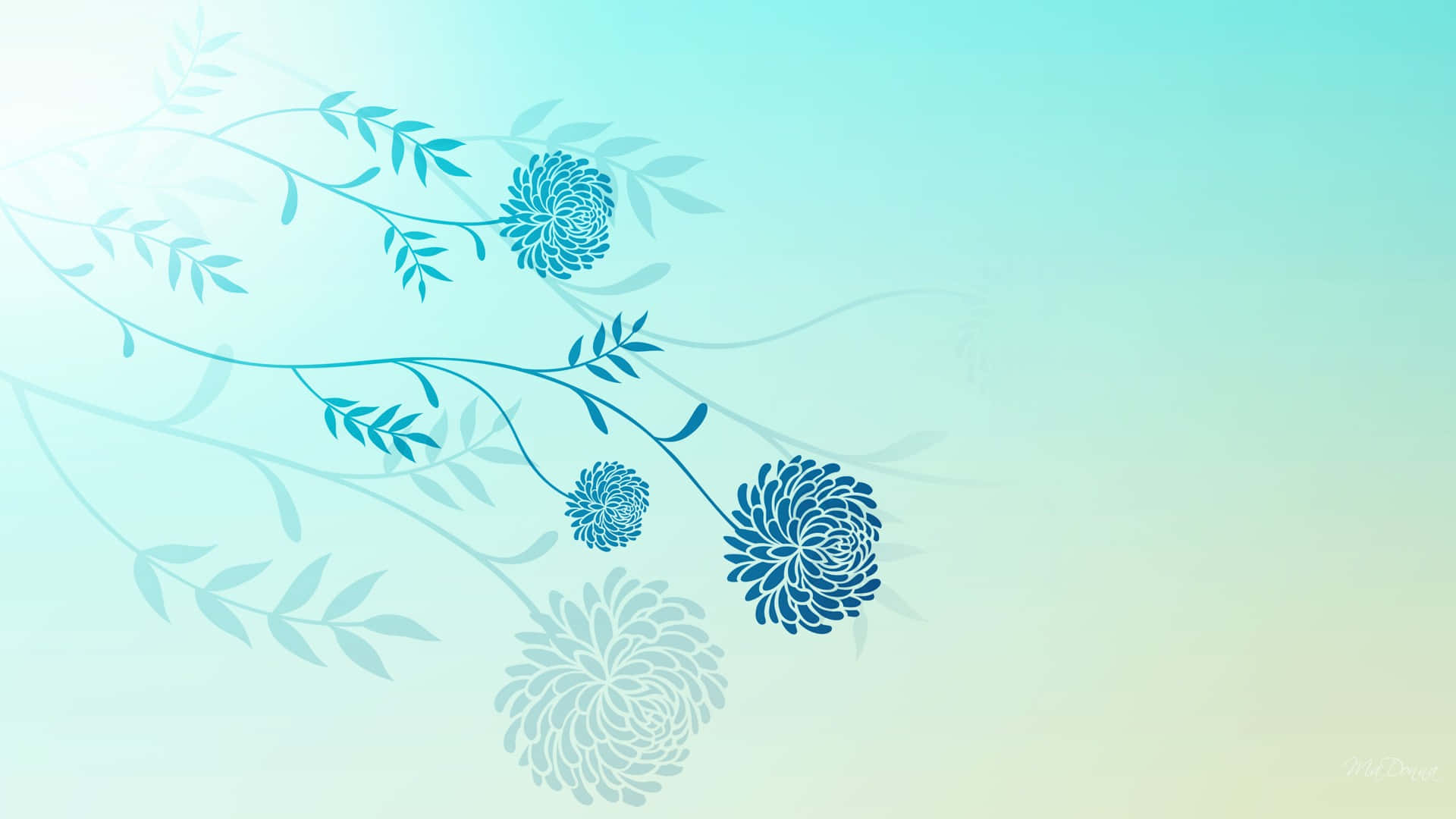 Cyan Aesthetic 桌布 壁紙 — 精緻的藍色花枝，花瓣層層疊疊，在柔和漸變的天空背景上優雅彎曲。