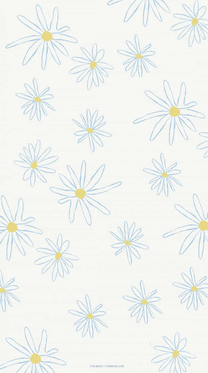 Flowers 桌布 壁紙 — 精緻的藍色輪廓雛菊，帶有黃色花心，散落在柔和的米白色紋理背景上。