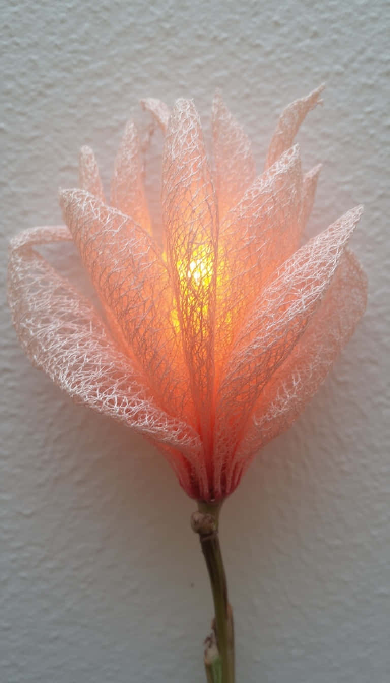 Flower 壁紙 — 精緻的蜜桃色蕾絲花燈在紋理白牆上溫暖地發光。