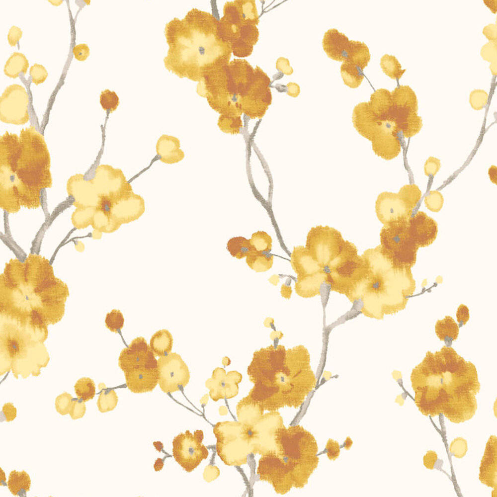 Flowers 桌布 壁紙 — 精緻的黃色花朵在柔和的奶油色背景上，以水彩風格綻放在纖細的灰色樹枝上。