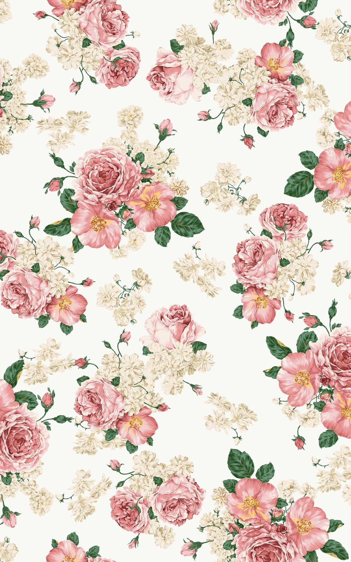 Rose Pattern 桌布 壁紙 — 精緻花卉壁紙圖案，以淡奶油色背景襯托柔和的粉紅玫瑰、奶油白花朵和綠葉。