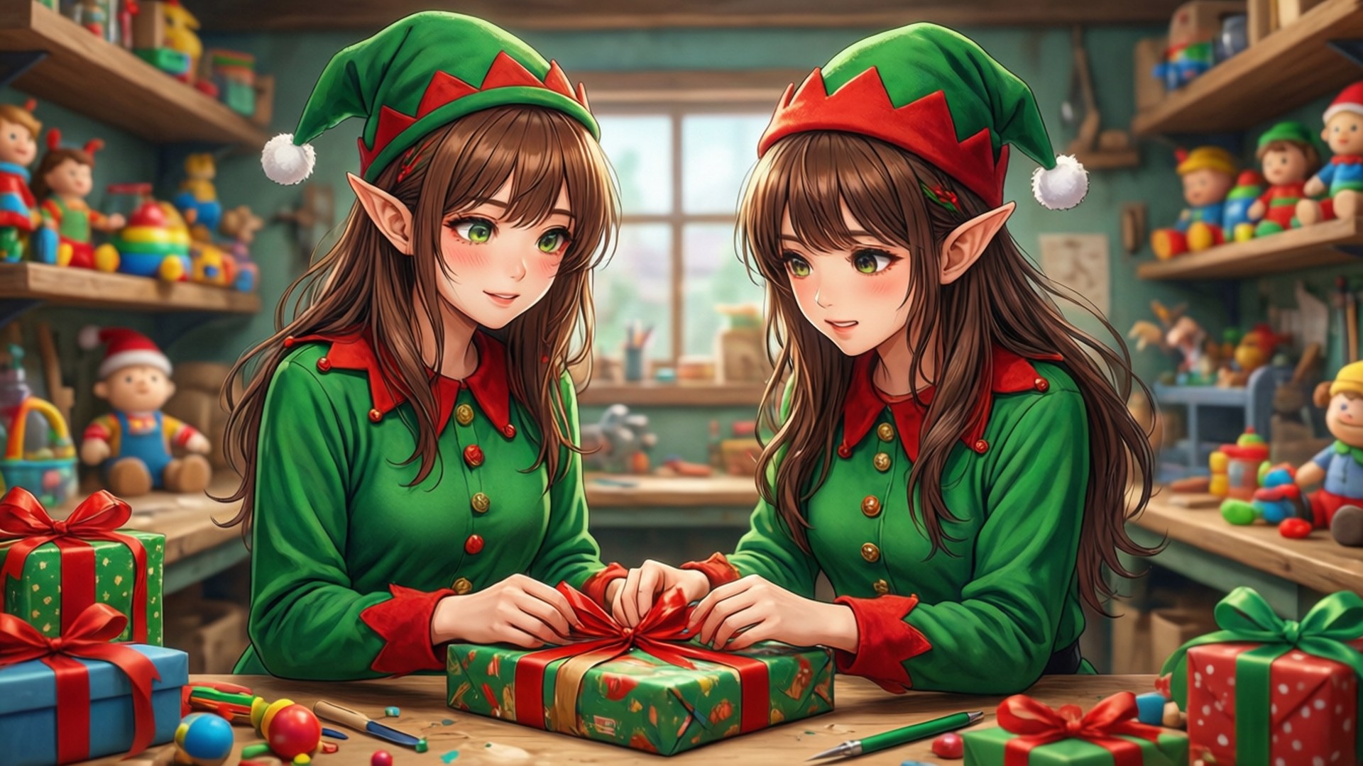 精靈工坊小幫手 壁紙 — 兩個身穿綠色制服的精靈女孩在一個充滿玩具的工作室裡，小心地在禮物盒上繫上紅色蝴蝶結。