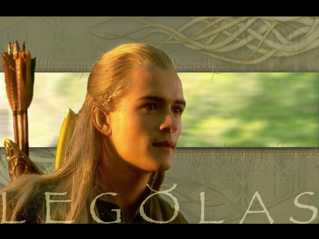 legolas 桌布 壁紙 — 精靈弓箭手勒苟拉斯手持金弓，金色長髮，在柔和的綠色背景下若有所思地凝視著。