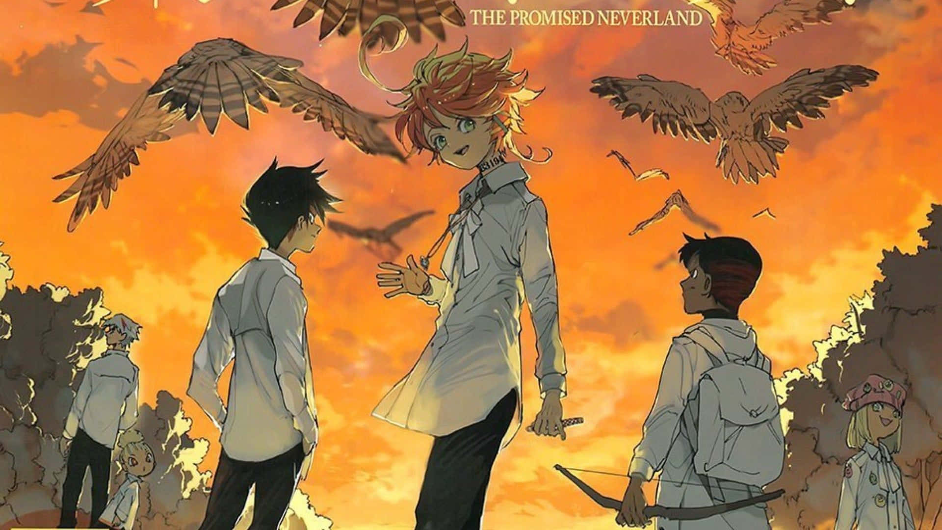 The Promised Neverland 桌布 壁紙 — 《約定的夢幻島》中的動畫角色站在火紅色的天空下，大型鳥類在頭頂翱翔，場面戲劇性十足。
